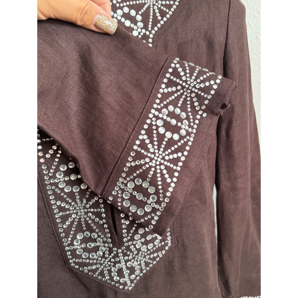 Vintage Tory Burch Brown Linen Crystal Bling Embellished Tunic Top Fall SZ 6 NWT - Picture 4 of 9